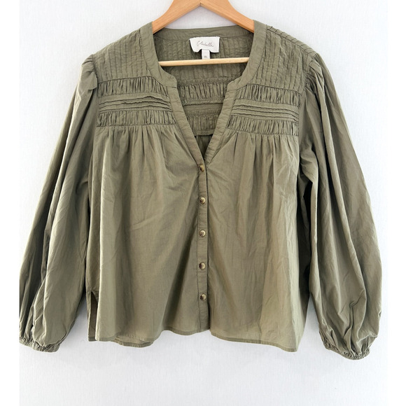 Cleobella River Blouse XL Women's Peasant Pintuck Cotton Olive Green Peasant - Picture 2 of 8